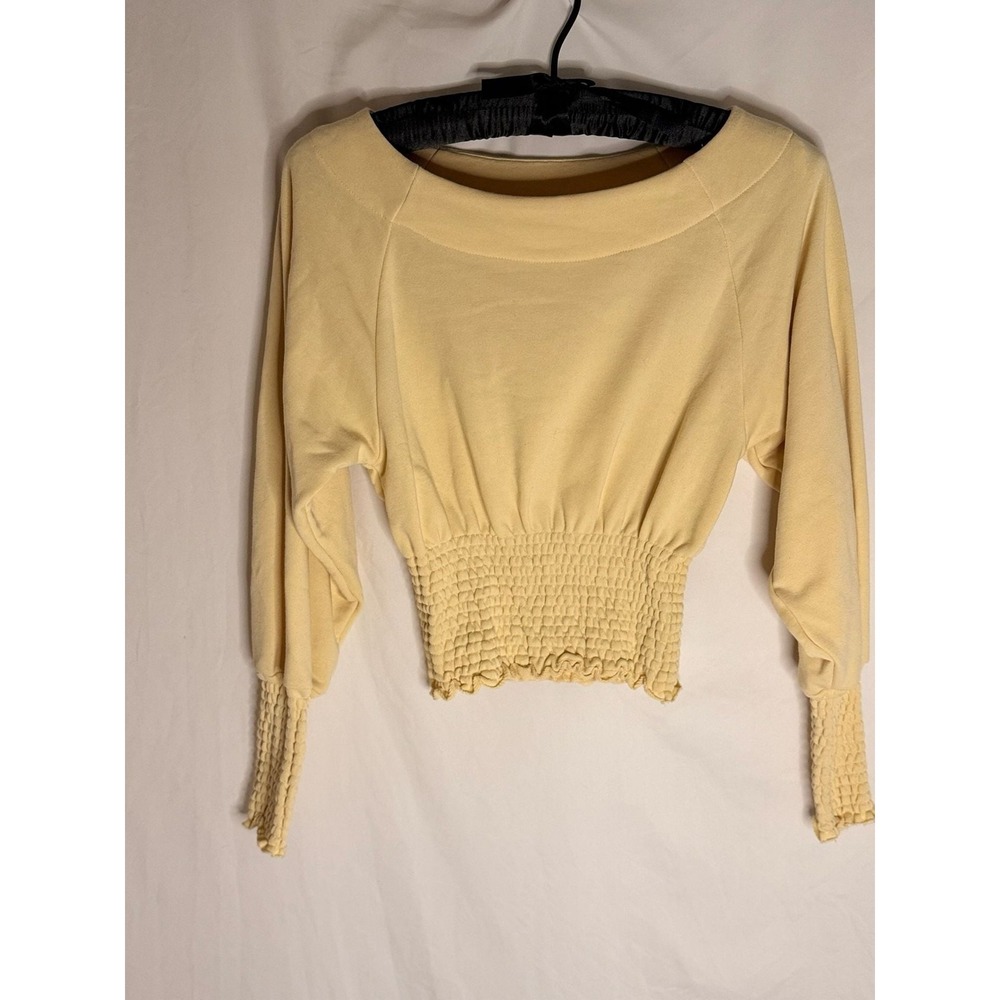 Out From‎ Under - Smocked Cropped Sweatshirt Boat Neck - Yellow - S - Women